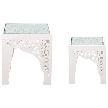 Nest Of 2 Side Tables White With Carved Pattern Glass Tabletops Living Room Hallway Rustic Oriental Beliani