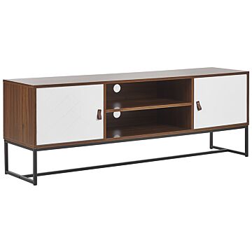 Tv Stand Dark Wood With White Metal Legs Rectangular For Up To 75ʺ Tv Media Unit With Shelves Doors Cable Management Living Room Furniture Beliani