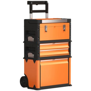 Homcom 3-in-1 Stackable Rolling Tool Box - Orange