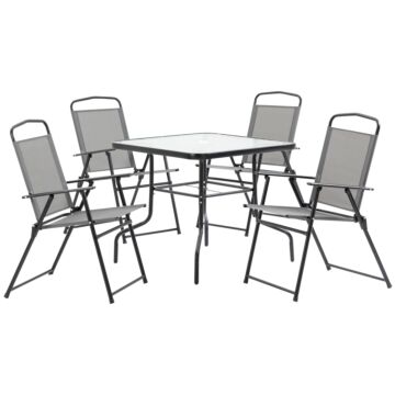 Outsunny 5 Piece Garden Dining Set Outdoor Dining Furniture 4 Folding Chairs, Glass Top Table With Parasol Hole, Texteline Seats, Black