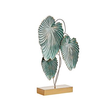 Decorative Figurine Gold And Teal Iron 44 Cm Statue With Leaves On Stand Statuette Ornament Decor Accessories Beliani