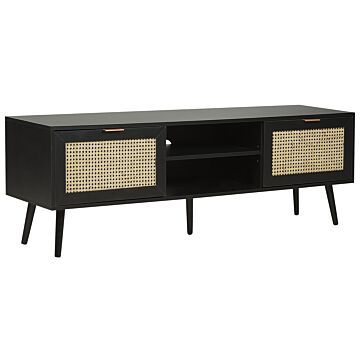 Tv Stand Black Manufactured Wood With Rattan Fronts Wicker Weave Black Rubberwood Legs 2 Cabinets Open Shelves Boho Style Sideboard Living Room Beliani