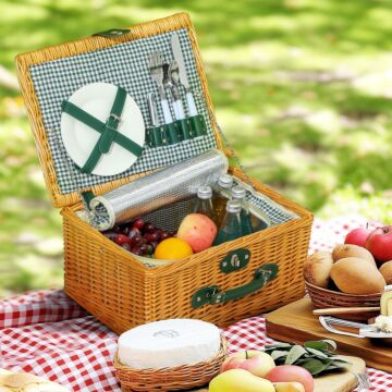 Outsunny Wicker Picnic Basket For 2 Person With Cooler Compartment, Picnic Hamper With Cutlery Service Kits And Carry Handle For Camping, Outdoor, Valentine Day, Chirtmas, Birthday, Light Brown