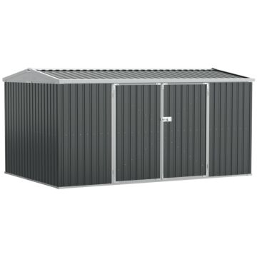 Outsunny 14 X 9 Ft Lockable Garden Shed Large Patio Roofed Tool Metal Storage Building Foundation Sheds Box Outdoor Furniture, Grey
