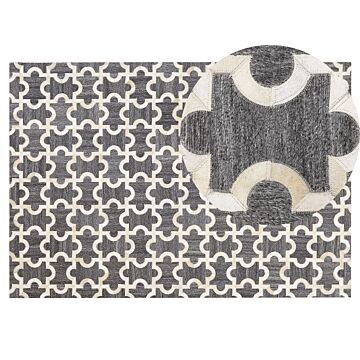 Area Rug Grey And Beige Jacquard Cowhide Leather Puzzle Geometric Pattern Retro 140 X 200 Cm Beliani