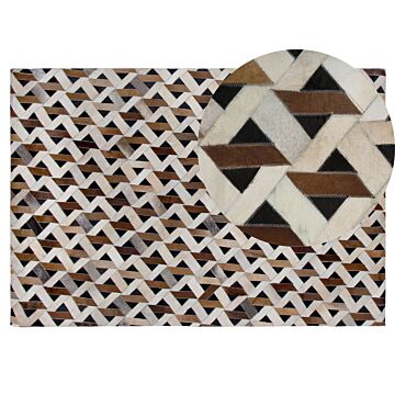 Area Rug Carpet Brown And Grey Leather Geometric Pattern 140 X 200 Cm Rustic Boho Beliani