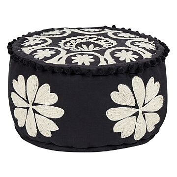 Pouffe Black And White Cotton 50 X 30 Cm Embroidered Pattern Decorative Seat Handmade Boho Modern Style Living Room Bedroom Beliani
