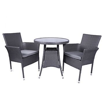 Malaga 2 Seater Stacking Bistro Set 70cm Round Table With Black Glass Top, 2 Stacking Nest Base Chairs Including Cushions