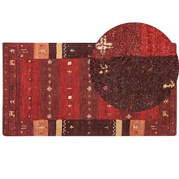 Area Rug Red Wool 80 X 150 Cm Thick Dense Pile Traditional Rustic Pattern Log Cabin Farmhouse Style Beliani