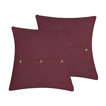 Set Of 2 Decorative Cushions Red 43 X 43 Cm Striped Buttons Throw Pillow Home Soft Accessory Beliani
