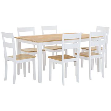 Dining Set White Solid Wood Light Wood Top 6 Seater 150 X 90 Cm Modern Scandinavian Beliani