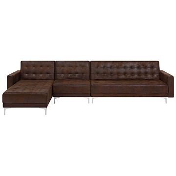 Corner Sofa Bed Brown Faux Leather Tufted Modern L-shaped Modular 5 Seater Right Hand Chaise Longue Beliani