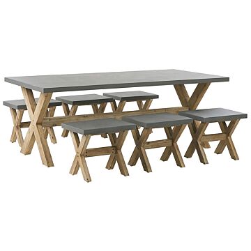 Outdoor Dining Set Grey Light Wood Fibre Cement For 6 People Table And Stools Modern Design Beliani