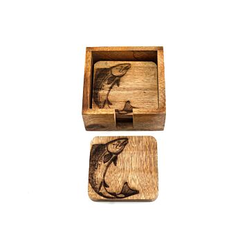 Set Of Four Wooden Engraved Salmon Coasters