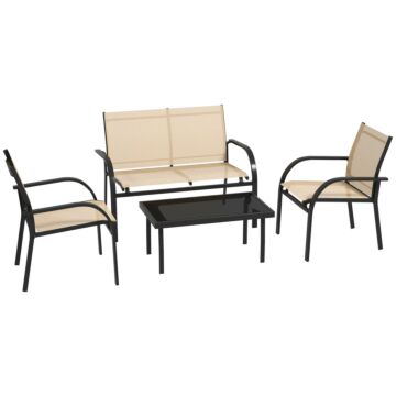 Outsunny 4 Pcs Curved Steel Outdoor Furniture Set W/ Loveseat, 2 Texteline Seats, Glass Top Table Garden Balcony Patio Furniture For Family Party Events Guests -beige
