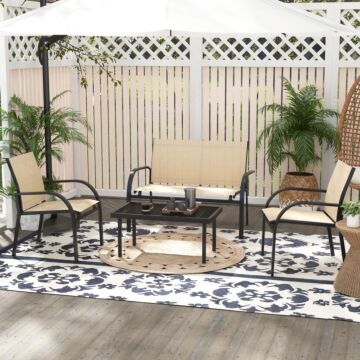 Outsunny 4 Pcs Curved Steel Outdoor Furniture Set W/ Loveseat, 2 Texteline Seats, Glass Top Table Garden Balcony Patio Furniture For Family Party Events Guests -beige
