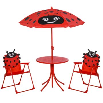 Outsunny Kids Folding Picnic Table And Chairs Set Ladybug Pattern Outdoor W/ Parasol