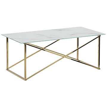 Rectangular Coffee Table Marble Effect White Top Gold Legs Tempered Glass Top Stainless Steel Base 100 X 50 Cm Glam Minimalist Beliani