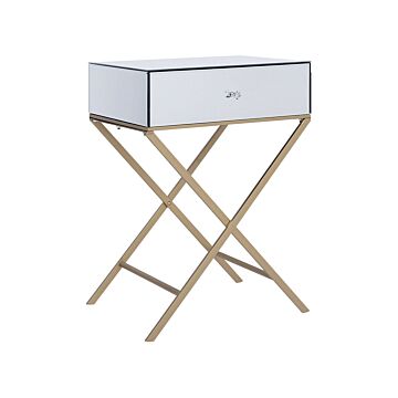 Side Table Silver Mirrored Top Gold Metal Legs 50 X 40 Cm Modern Glam Style With 1 Drawer Beliani