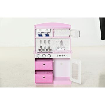Homcom Wooden Play Kitchen With Lights And Sound, Kids Kitchen Playset With Coffee Maker Microwave Sink Utensils Storage Bins, Pretend Role Play Pink