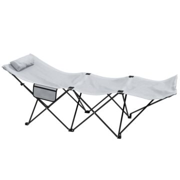 Outsunny Foldable Sun Lounger, Outdoor Tanning Sun Lounger Chair With Side Pocket, Headrest, Oxford Seat, For Beach, Yard, Patio, Light Grey