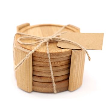 Set Of 6 Round Bamboo Coasters With Holder 12cm