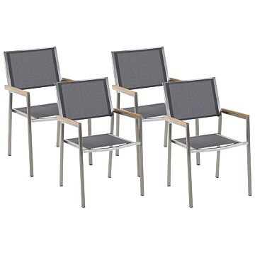 Set Of 4 Garden Dining Chairs Grey And Silver Textile Seat Stainless Steel Legs Stackable Outdoor Resistances Beliani
