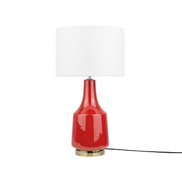 Table Lamp Bedside Light Red Ceramic Base Off-white Polycotton Drum Round Shade Beliani