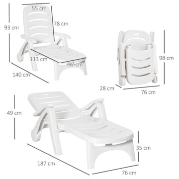 Outsunny 2pcs Outdoor Folding Sun Lounger Recliner On Wheels W/ 5-position Backrest, White