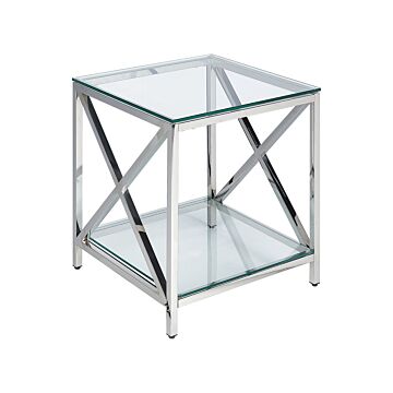 Side Table Transparent Glass Top Silver Stainless Steel Frame 50 X 45 Cm Glam Modern Living Room Bedroom Hallway Beliani