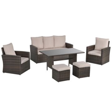 Outsunny 6 Pcs Outdoor Patio Pe Rattan Wicker Tempered Glass Dining Table Sets For Garden Backyard W/ Cushions & Mixed Brown