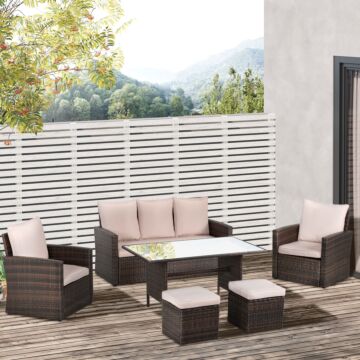 Outsunny 6 Pcs Outdoor Patio Pe Rattan Wicker Tempered Glass Dining Table Sets For Garden Backyard W/ Cushions & Mixed Brown