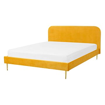 Bed Yellow Velvet Upholstery Eu Double Size Golden Legs Headboard Slatted Frame 4.6 Ft Minimalist Design Beliani