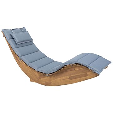Sun Lounger Light Acacia Wood Slatted Design Rocking Feature Curved Shape With Blue Seat Cushion Beliani