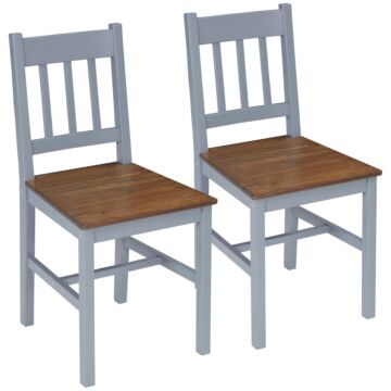 Homcom Dining Chairs Set Of 2, Kitchen Chair With Slat Back, Pine Wood Structure For Living Room And Dining Room, Grey
