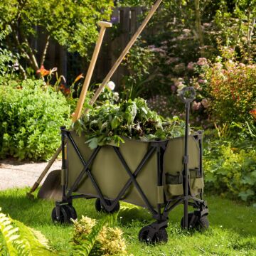 Outsunny Folding Garden Trolley On Wheels, Collapsible Camping Trolley, Outdoor Utility Wagon With Steel Frame And Oxford Fabric, Green