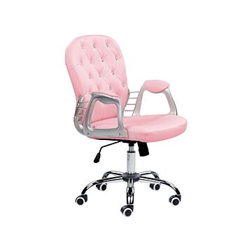 Office Chair Pink Faux Leather Gas Lift Height Adjustable Crystal Button With Tufted Backrest And Full Swivel Beliani
