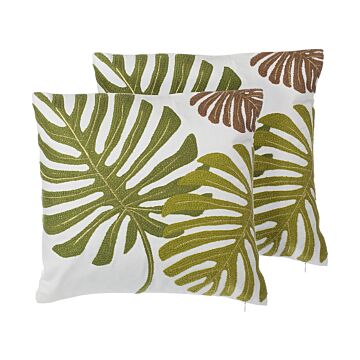 Set Of 2 Decorative Cushions Green Cotton Leaf Pattern 45 X 45 Cm Embroidered Tropical Motif Decor Accessories Beliani