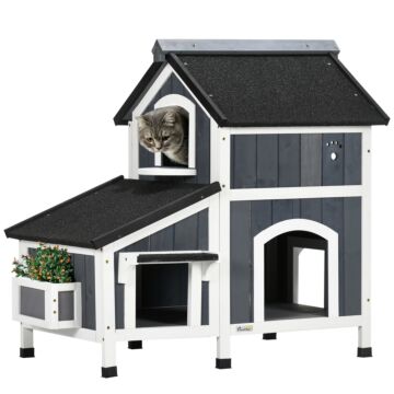 Pawhut Wooden Cat House Outdoor With Flower Pot, 2 Tiers Cat Shelter With Window, Multiple Entrances, Water-resistant Roof, Grey