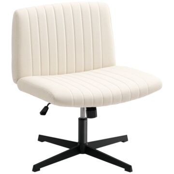Homcom Armless Office Chair No Wheels, Linen Fabric Criss Cross Legged Desk Chair With Wide Seat, Thick Padding, Tilt Function, Height Adjustable Swivel Computer Seat For Home, Cream