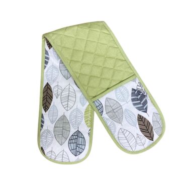 Kitchen Double Oven Glove With Contemporary Green Leaf Print Design