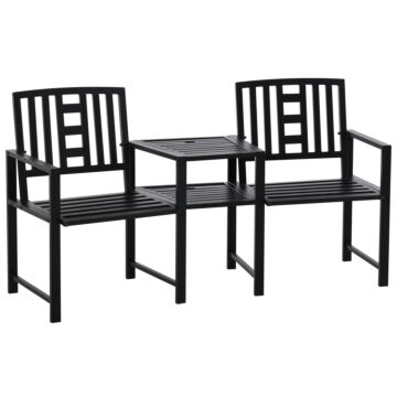 Outsunny Patio Tete-a-tete Chair 2 Seat Bench Middle Coffee Table W/ Umbrella Hole For Outdoors Decorative Slatted Design Steel Frame Black