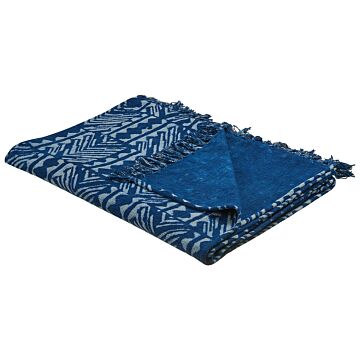 Cotton Blanket Navy Blue 130 X 180 Cm Bed Throw Geometric Pattern African Print Bedroom Living Room Beliani