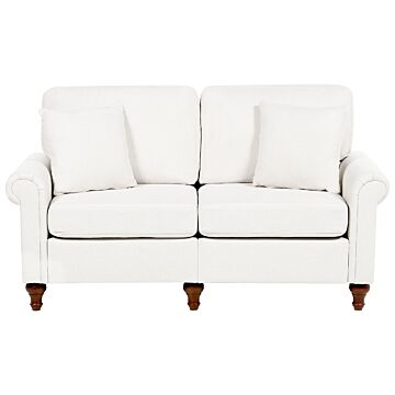 2 Seater Sofa White Fabric Upholstery Scrolled Arms Wood Frame Throw Pillows Modern Living Room Beliani