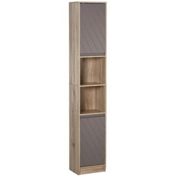 Homcom Freestanding Bathroom Storage Cabinet W/ 2 Cupboards 2 Compartments Home Organisation Anti-tipping Elevated Base 30l X 24w X 170hcm Grey&brown