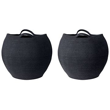 Set Of 2 Storage Baskets Black Cotton 20 X 30 Cm Laundry Bins Handwoven Containers Beliani