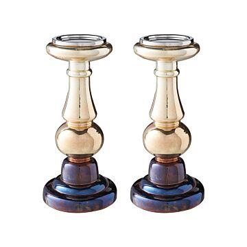 Set Of 2 Candle Holders Golden Glass Iridescent Effect Candle Sticks Classic Beliani