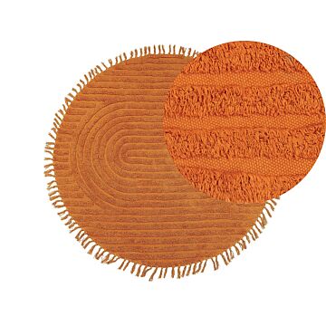 Round Area Rug Orange Cotton ⌀ 140 Cm Tufted With Fringe Pattern Boho Living Room Bedroom Beliani