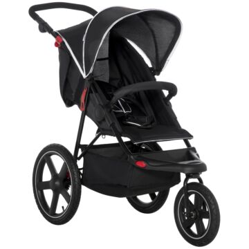 Homcom Three Wheeler Pushchair, Lightweight Foldable Running Baby Stroller With Fully Reclining, Adjustable Handlebar Backrest, Sun Canopy Black