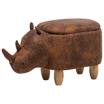 Animal Rhino Children Stool With Storage Brown Faux Leather Wooden Legs Nursery Footstool Beliani